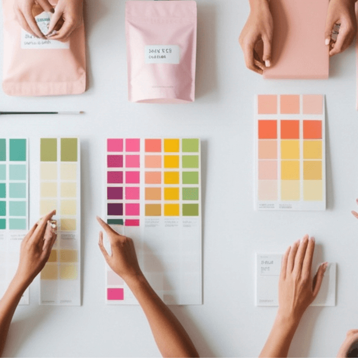 一般的なブランディングのイメージ（カラー選び、パッケージデザイン）