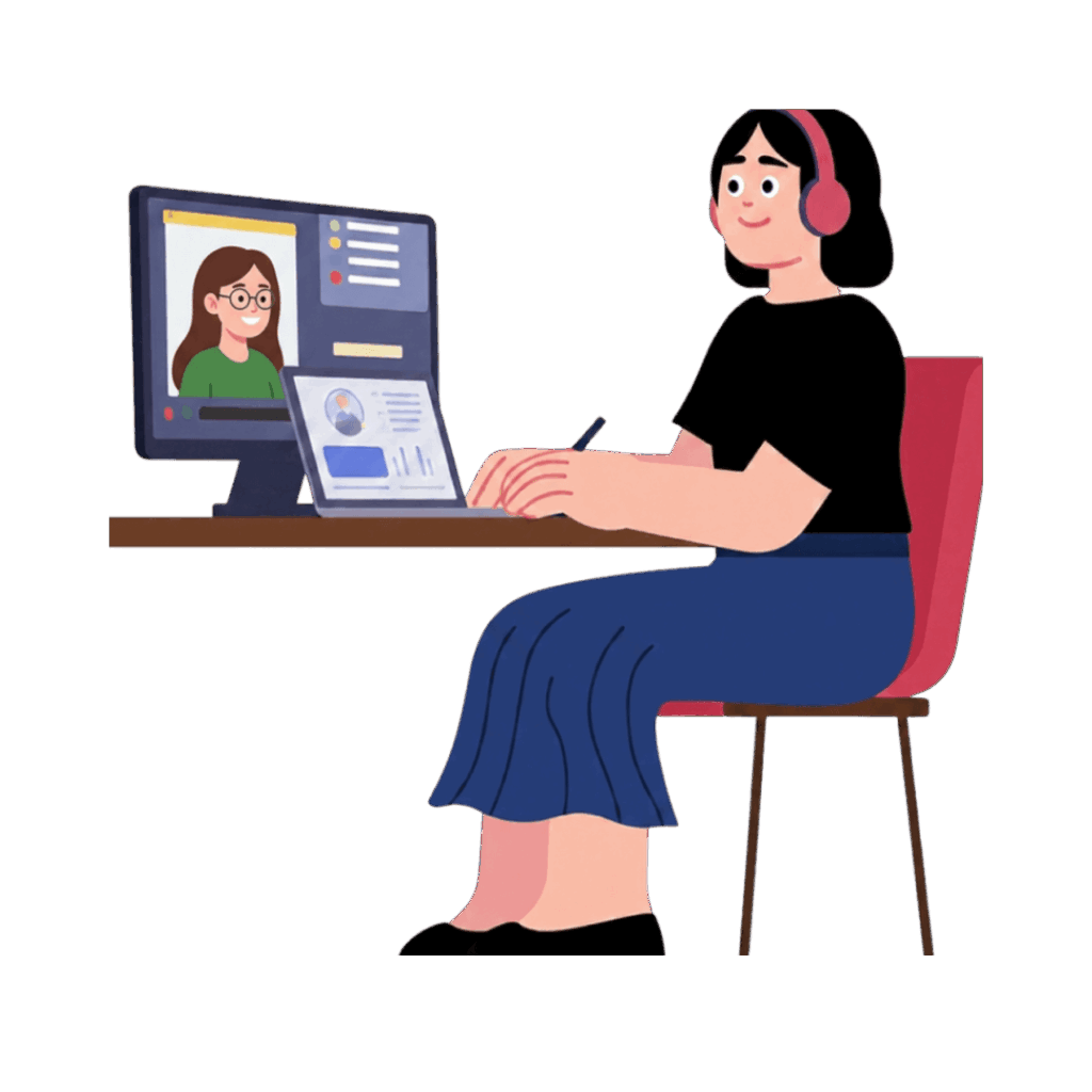オンライン打合せ風景のイラスト。女性二人でPC越しにお打ち合わせしている
